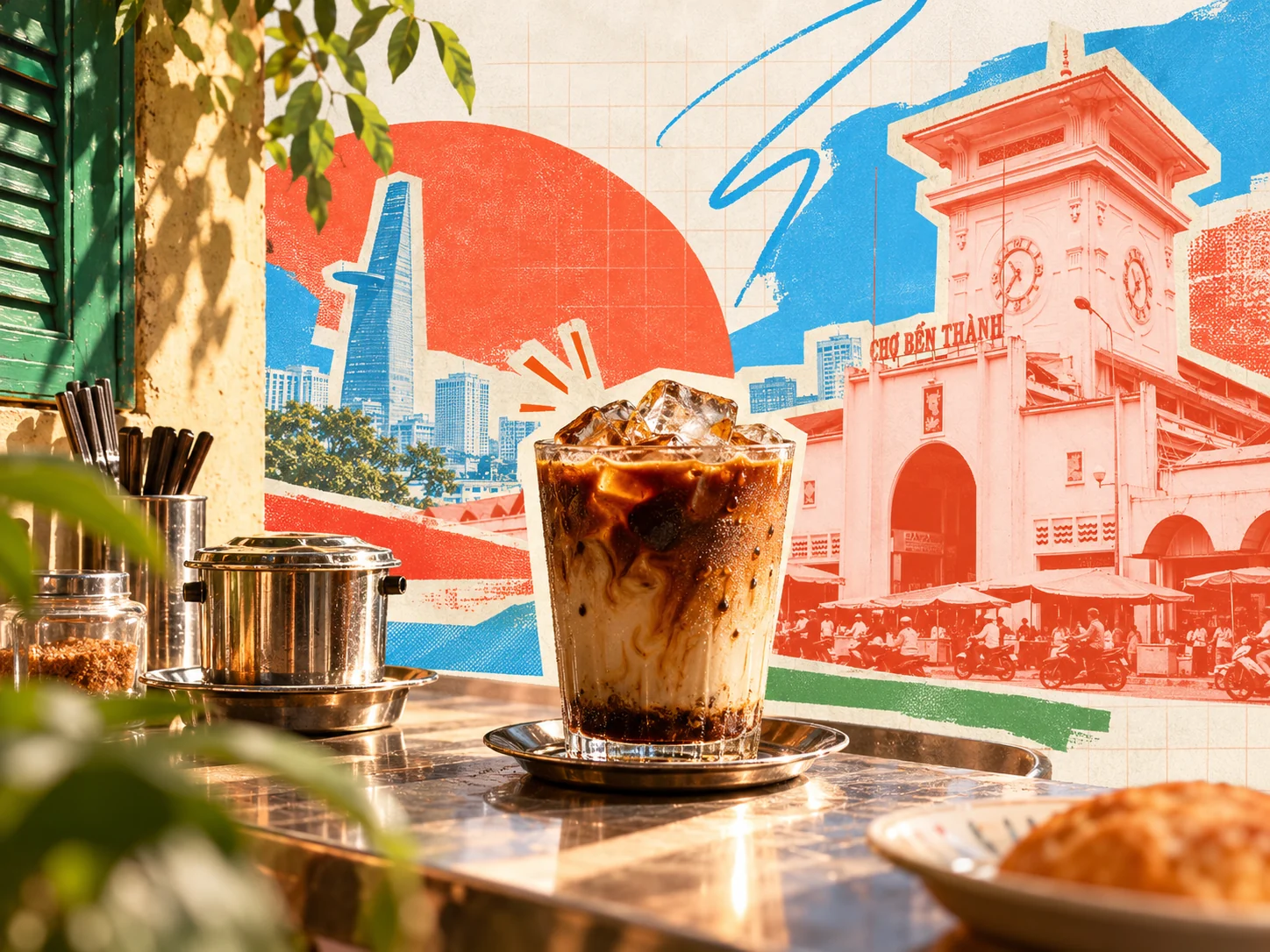 Thumbnail minh họa chiến dịch F&B: cà phê sữa đá Sài Gòn và khu Chợ Bến Thành theo phong cách collage giấy