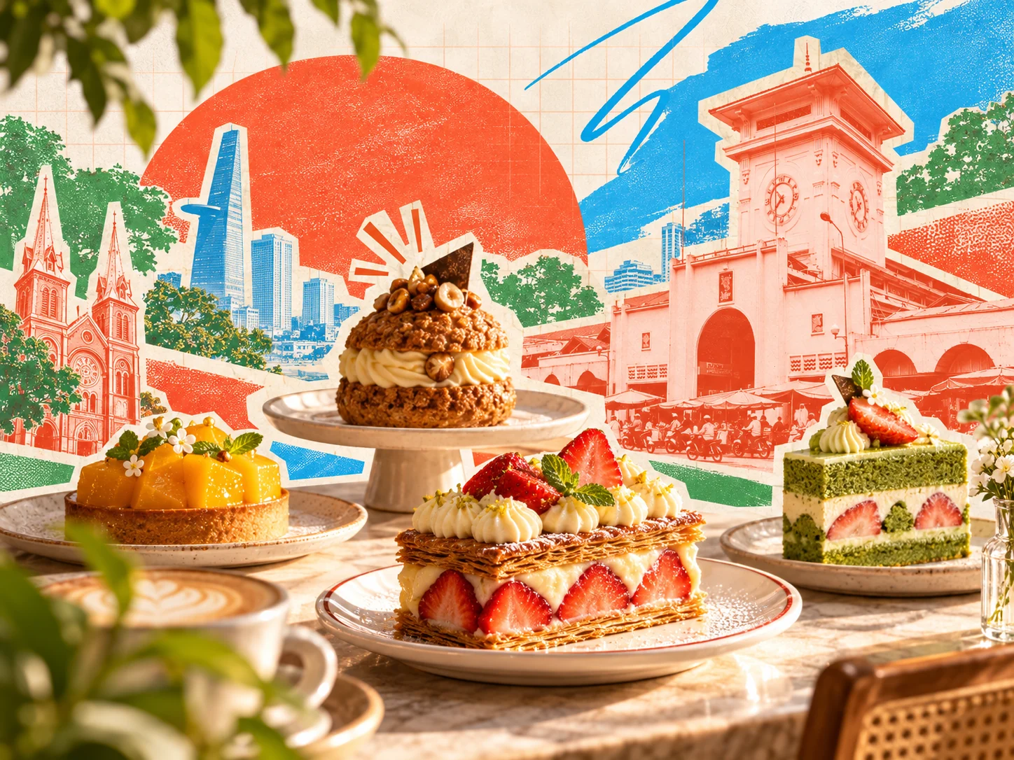 Thumbnail minh họa thương hiệu bánh: nhiều loại bánh ngọt phong cách patisserie cao cấp kết hợp collage Sài Gòn
